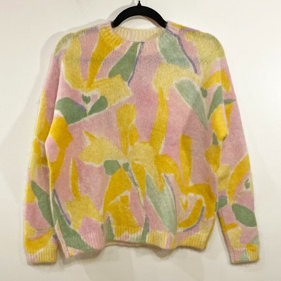 EUC Sezane Bahia Floral Wool Mohair Oversized Sweater Pink Yellow XXS-XS fit - Picture 3 of 7